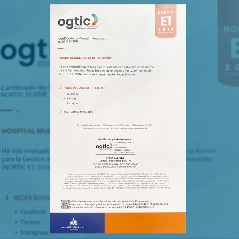 Read more about the article Hospital de Engombe recibe certificación Nortic E1 otorgada por la OGTIC