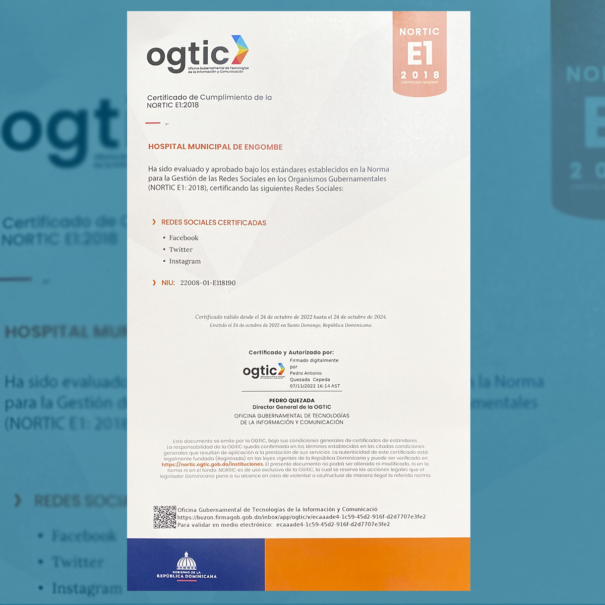 You are currently viewing Hospital de Engombe recibe certificación Nortic E1 otorgada por la OGTIC